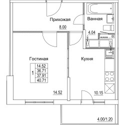 Однокомнатная квартира 37.91 м²