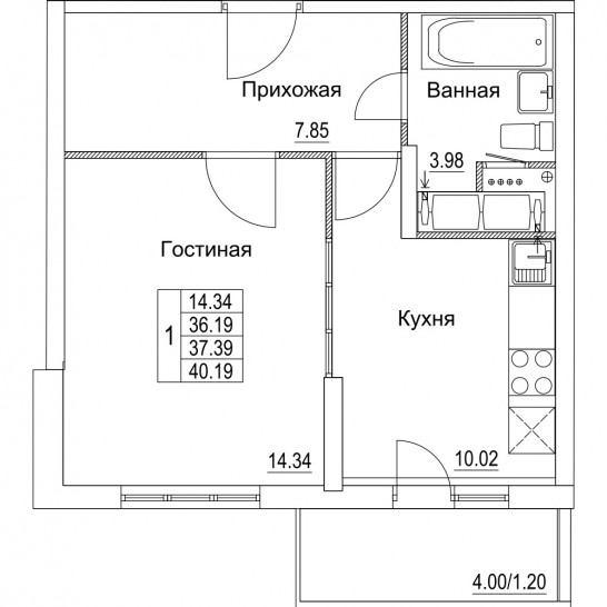 Однокомнатная квартира 37.39 м²