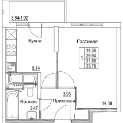 Однокомнатная квартира 31.86 м²