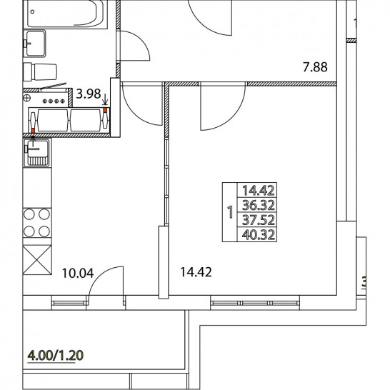 Однокомнатная квартира 37.52 м²