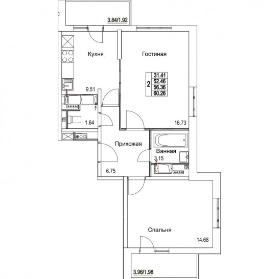 Двухкомнатная квартира 56.36 м²