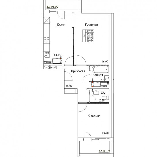 Двухкомнатная квартира 55.95 м²