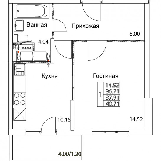 Однокомнатная квартира 37.91 м²