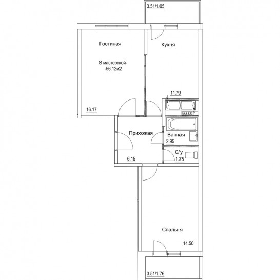 Двухкомнатная квартира 56.17 м²