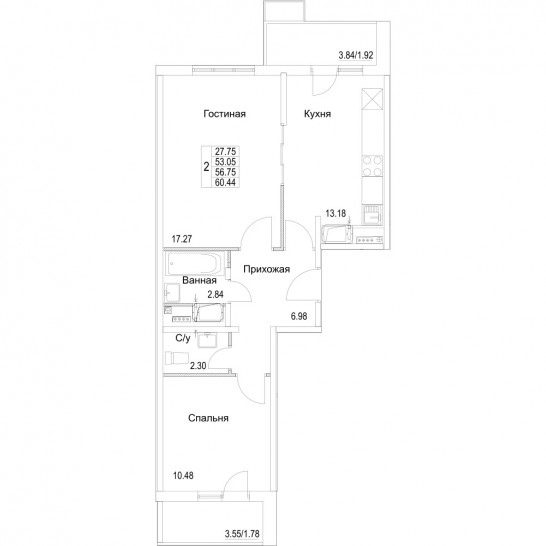 Двухкомнатная квартира 56.75 м²
