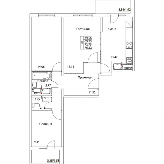Трёхкомнатная квартира 72.73 м²