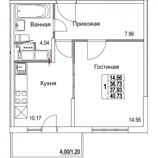 Однокомнатная квартира 37.93 м²