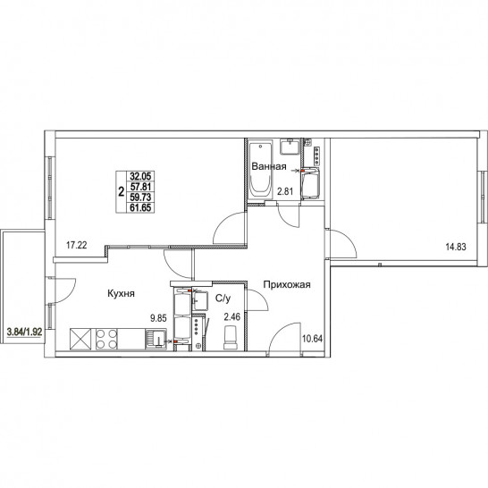 Двухкомнатная квартира 59.73 м²