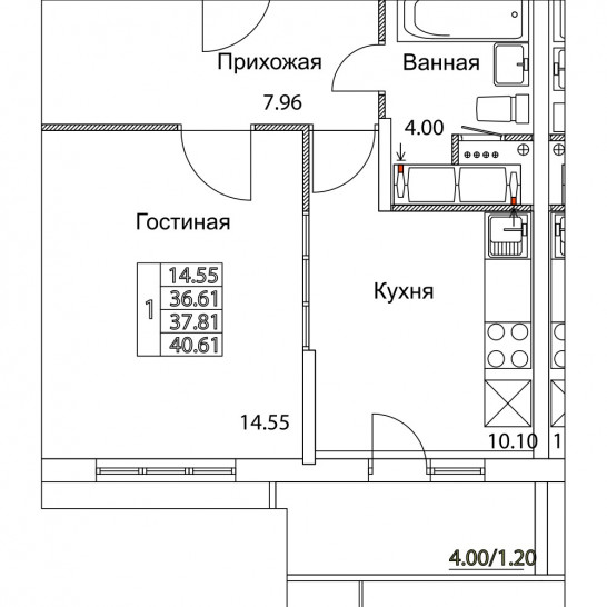 Однокомнатная квартира 37.81 м²