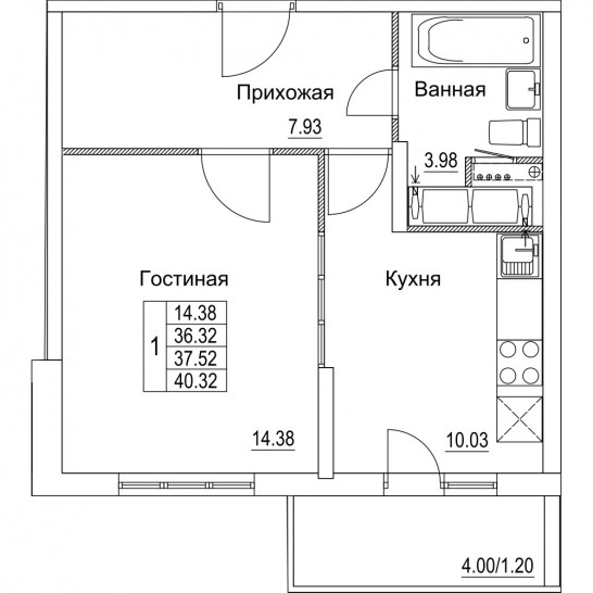 Однокомнатная квартира 37.52 м²