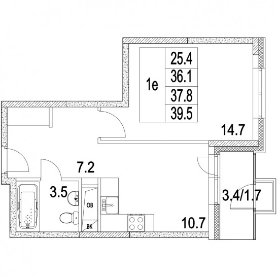 Однокомнатная квартира 37.8 м²