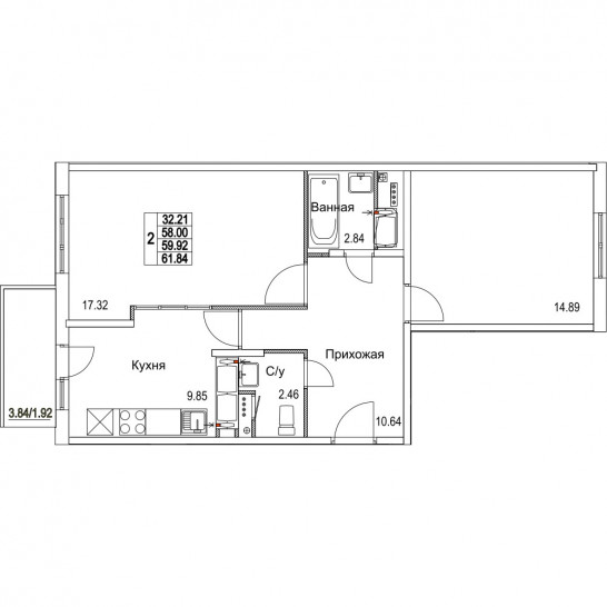 Двухкомнатная квартира 59.92 м²