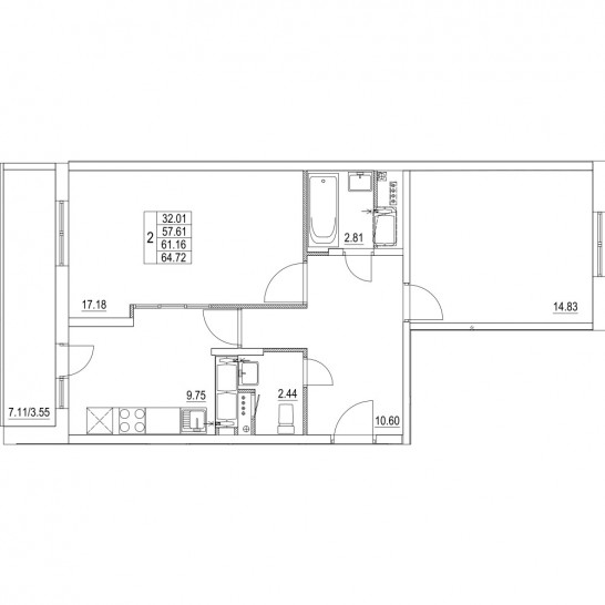 Двухкомнатная квартира 61.16 м²