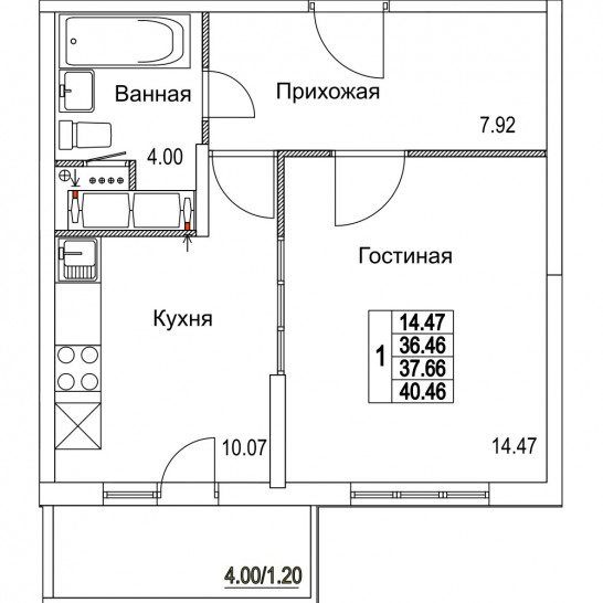 Однокомнатная квартира 37.66 м²