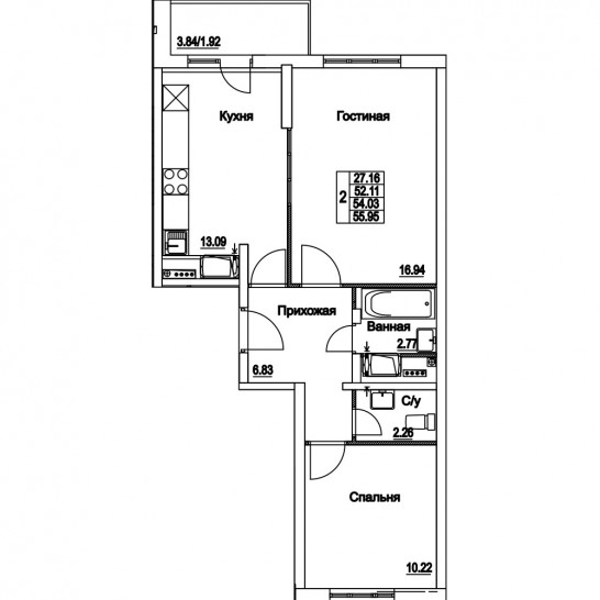 Двухкомнатная квартира 55.81 м²