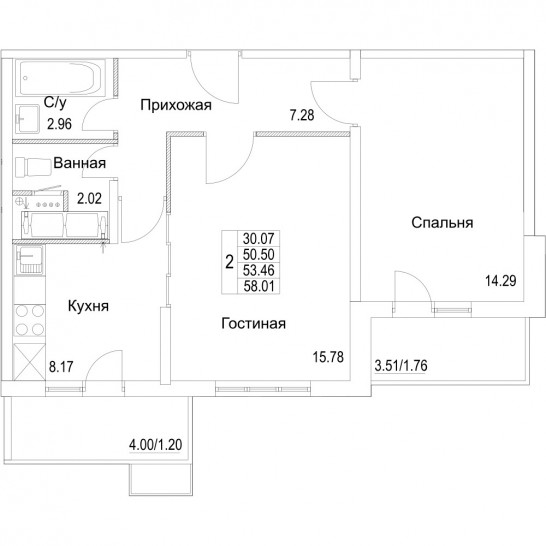 Двухкомнатная квартира 53.46 м²