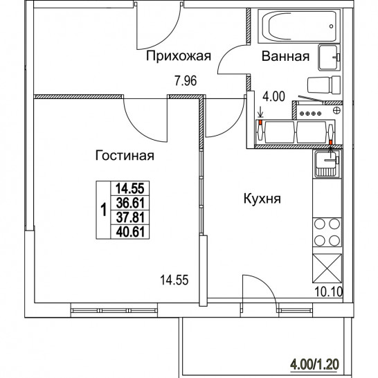 Однокомнатная квартира 37.81 м²