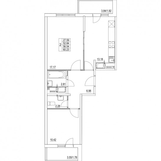 Двухкомнатная квартира 56.54 м²