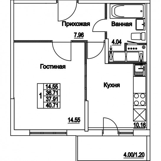 Однокомнатная квартира 37.91 м²