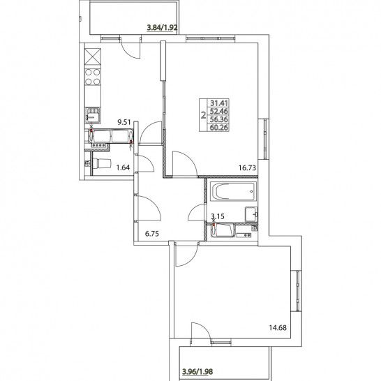 Двухкомнатная квартира 56.36 м²