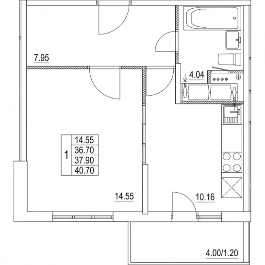 Однокомнатная квартира 37.9 м²