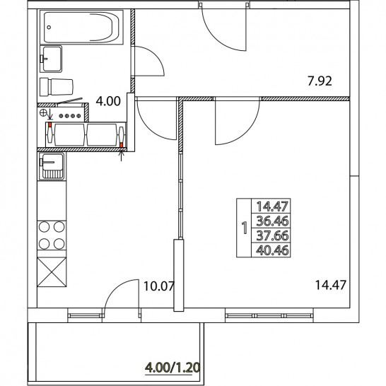 Однокомнатная квартира 37.66 м²