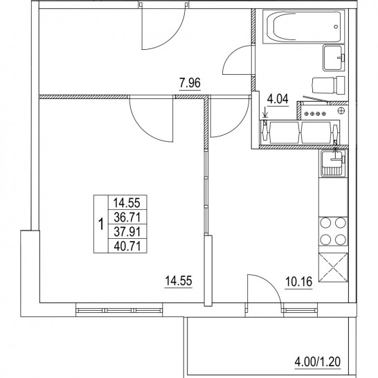 Однокомнатная квартира 37.91 м²