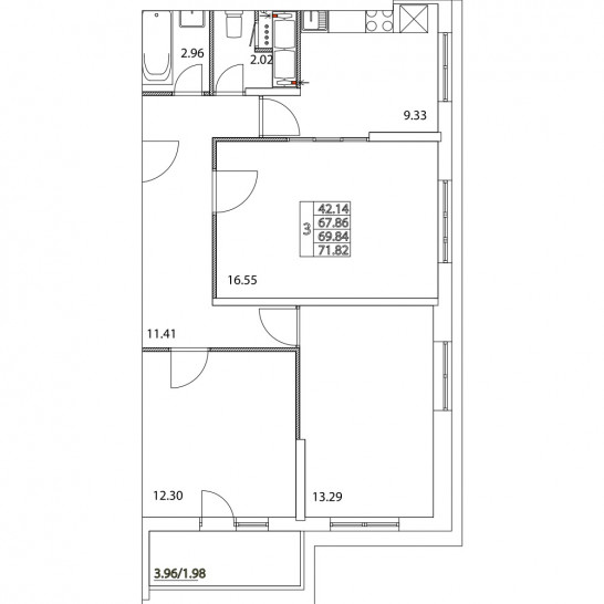 Трёхкомнатная квартира 69.84 м²