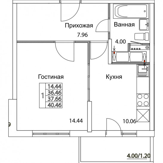Однокомнатная квартира 37.66 м²