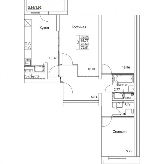 Трёхкомнатная квартира 72.27 м²