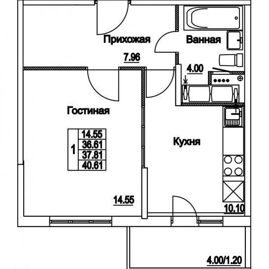 Однокомнатная квартира 37.81 м²