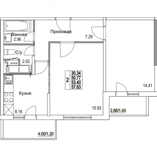 Двухкомнатная квартира 53.4 м²