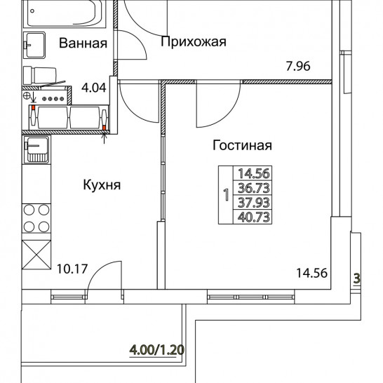 Однокомнатная квартира 37.93 м²