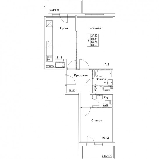 Двухкомнатная квартира 56.54 м²