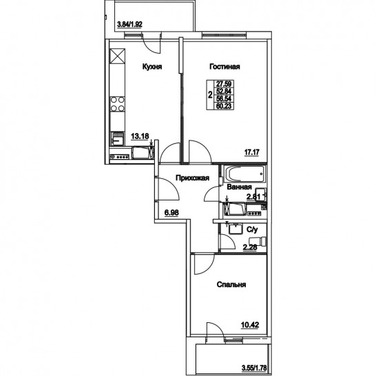 Двухкомнатная квартира 56.54 м²
