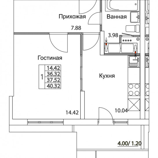 Однокомнатная квартира 37.52 м²