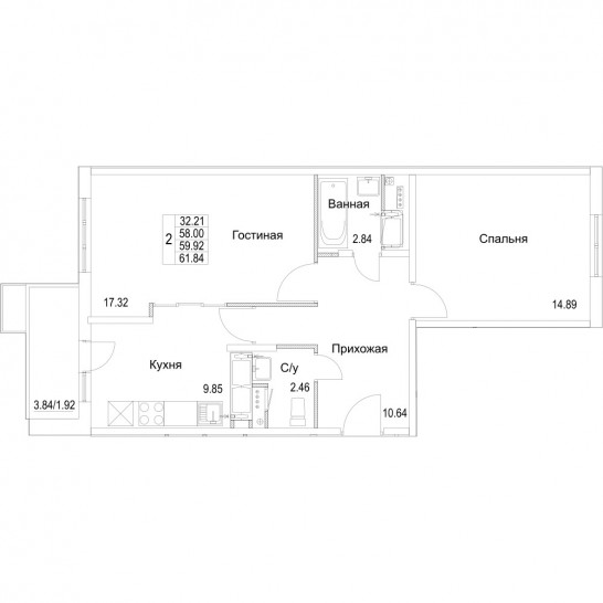 Двухкомнатная квартира 59.92 м²