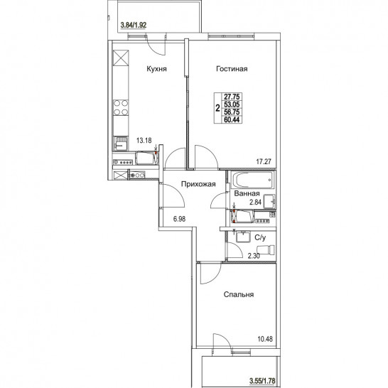 Двухкомнатная квартира 56.75 м²