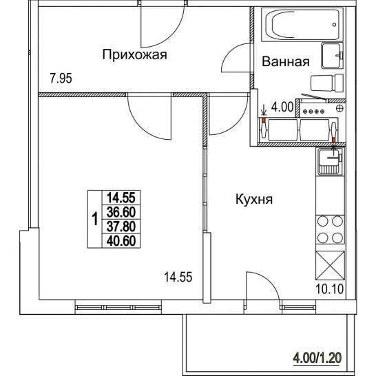 Однокомнатная квартира 37.8 м²
