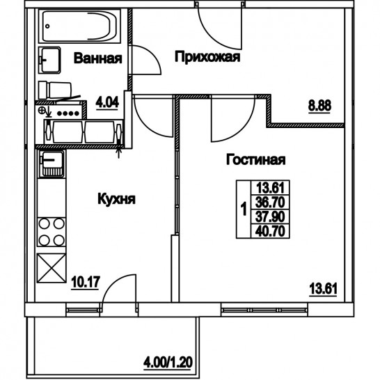 Однокомнатная квартира 37.9 м²