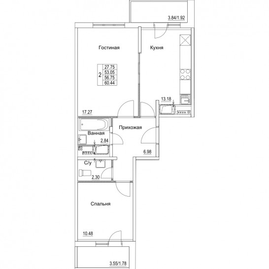 Двухкомнатная квартира 56.75 м²