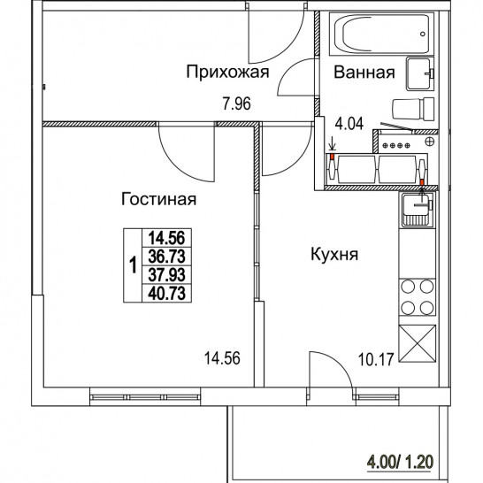 Однокомнатная квартира 37.93 м²