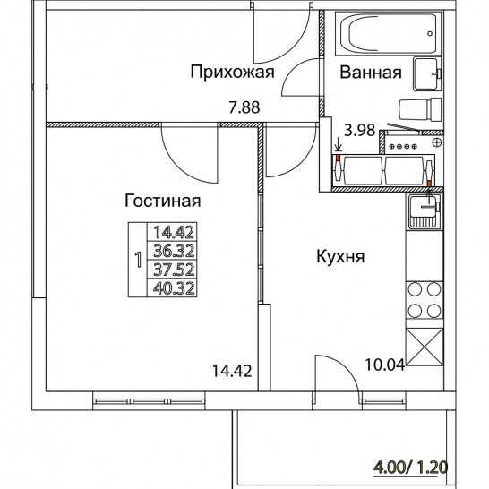 Однокомнатная квартира 37.52 м²