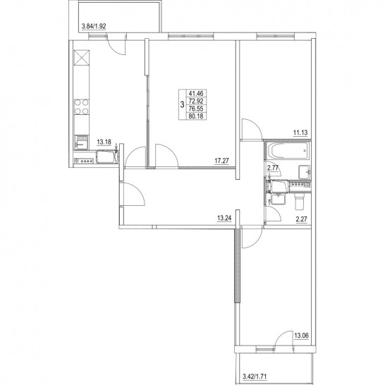 Трёхкомнатная квартира 76.55 м²