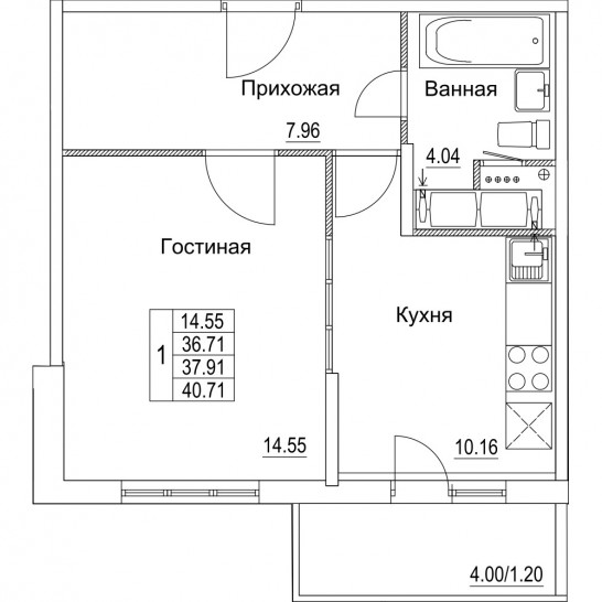 Однокомнатная квартира 37.91 м²