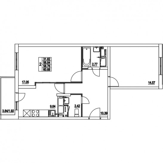 Двухкомнатная квартира 58.76 м²