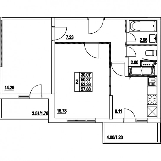 Двухкомнатная квартира 53.33 м²