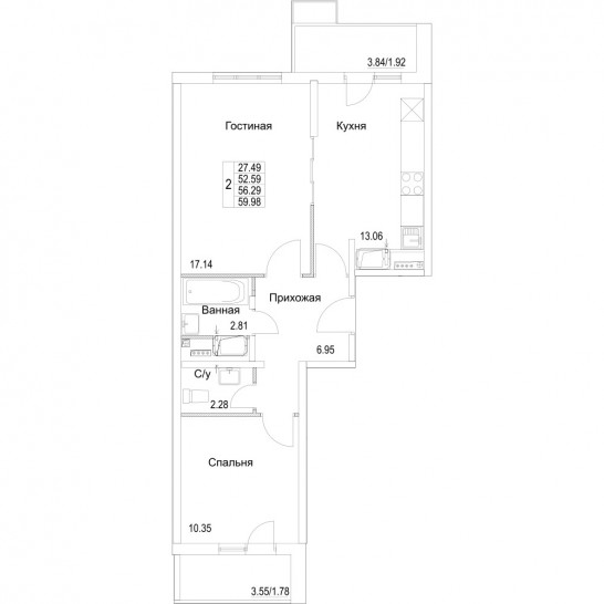 Двухкомнатная квартира 56.29 м²