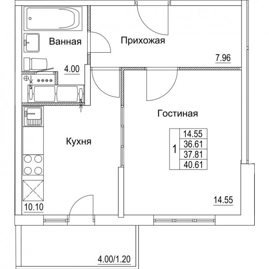 Однокомнатная квартира 37.81 м²