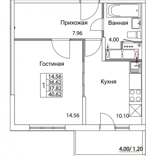 Однокомнатная квартира 37.82 м²